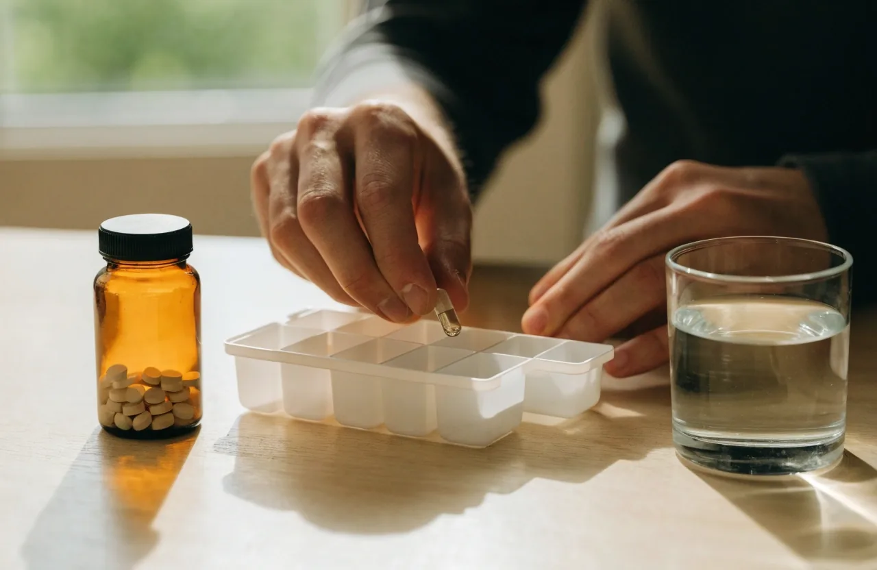 Two unbranded supplement containers side by side with loose capsules between them
