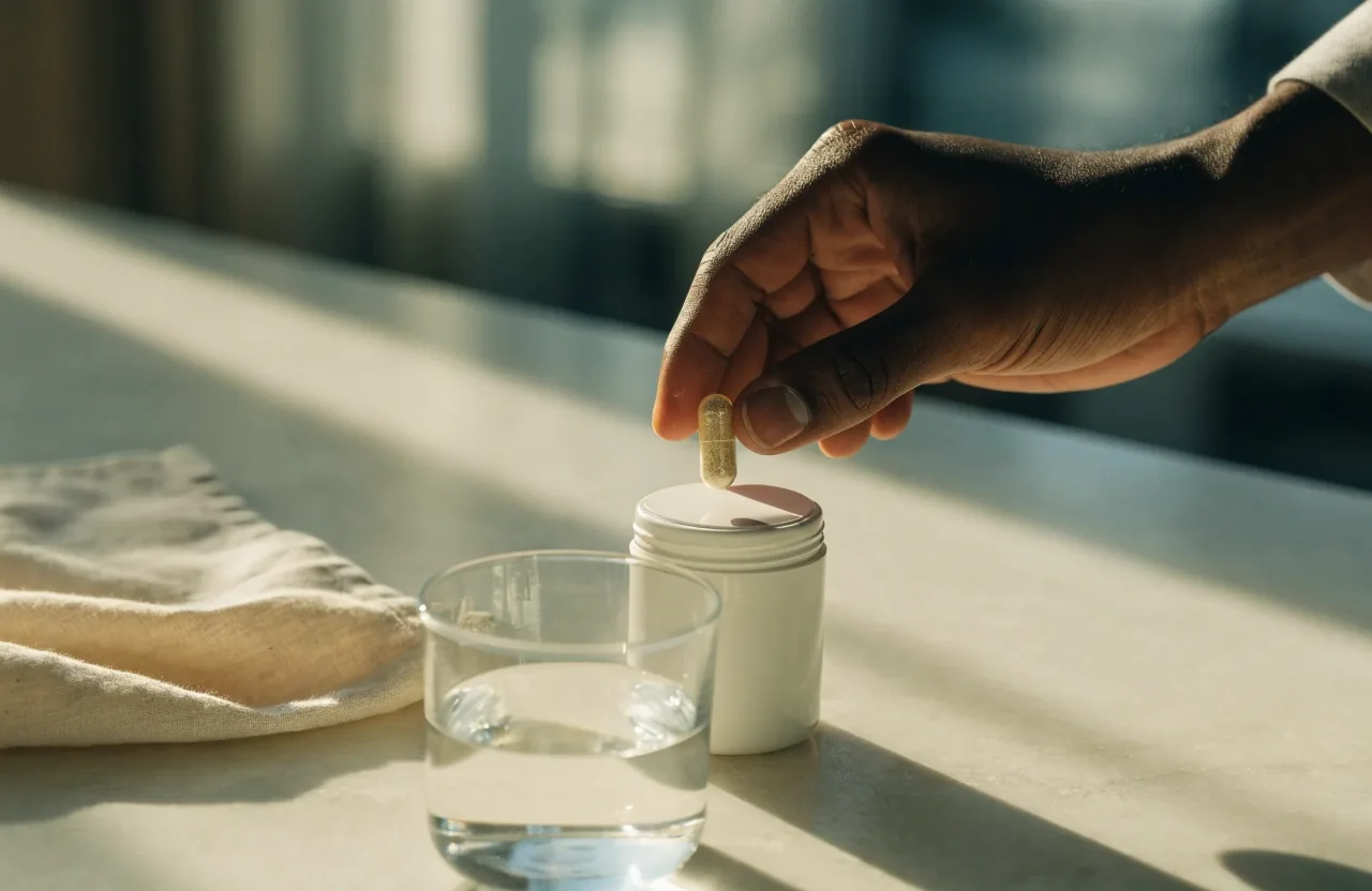 A short row of vegan capsules arranged on a pale stone surface beside a small unbranded container and a folded napkin