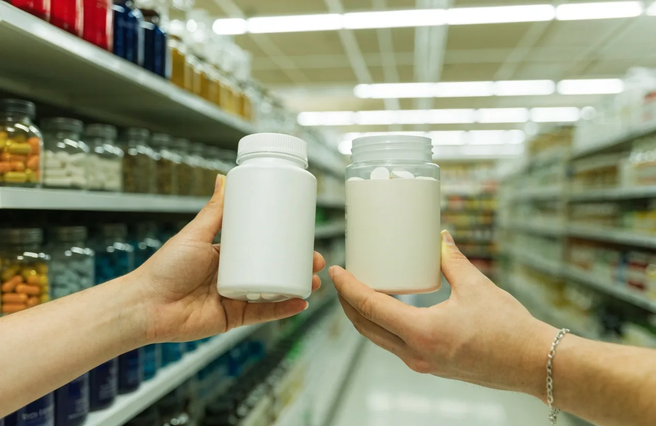 A man choosing a bottle of daily tablets from a pharmacy shelf, rows of unbranded supplement bottles receding into soft focus behind him