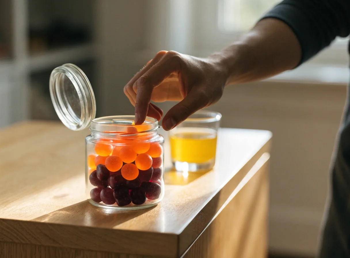 Chewable gummy vitamins in an open amber glass jar on a wooden kitchen sideboard with a softly blurred glass of juice behind