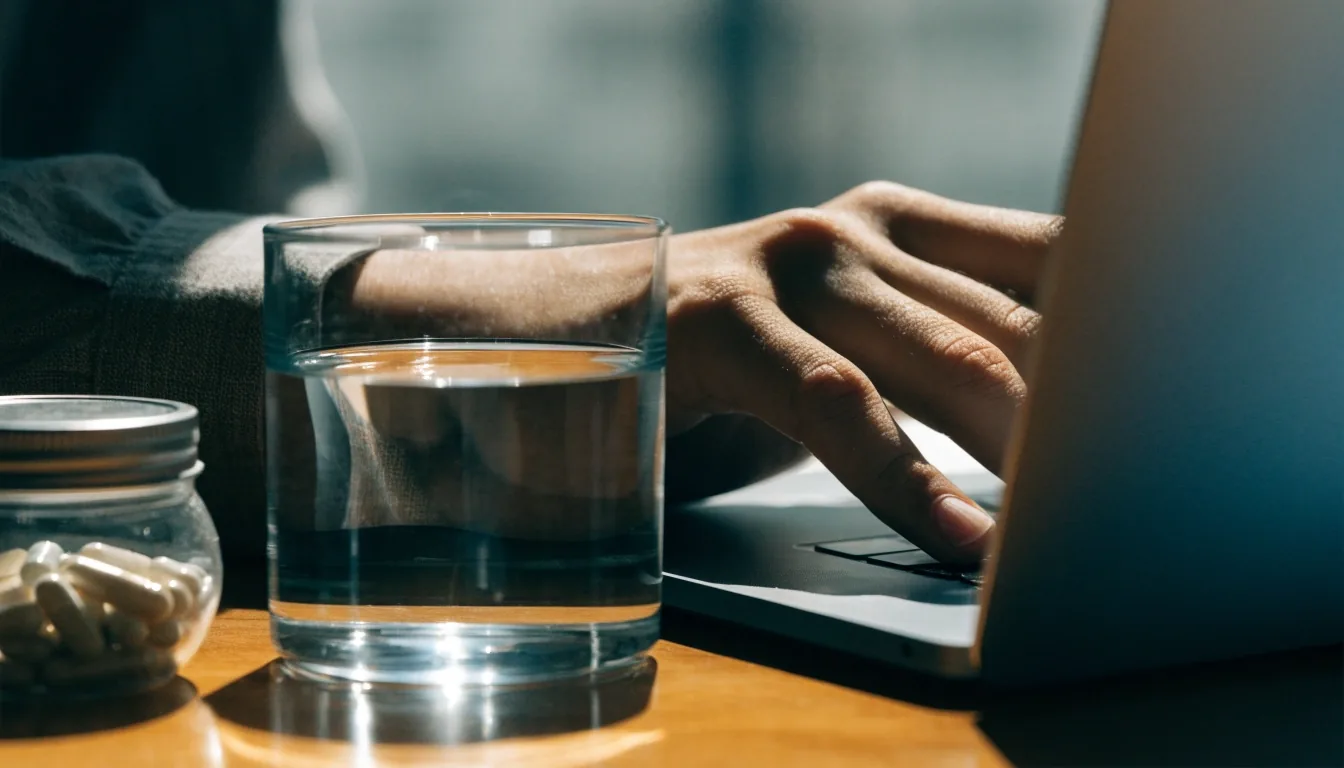 A man at a wooden table near a bright window adjusting settings on a laptop, screen turned away