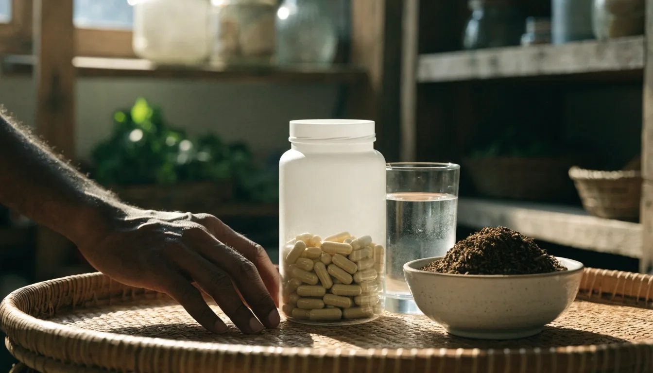 A quiet desk in Jakarta with a plain unlabeled supplement bottle, ceramic dish and dried herbs in soft morning light