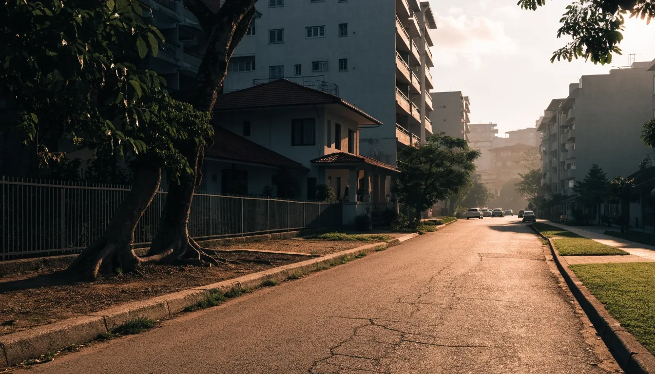 Late-afternoon view along a quiet Jakarta residential street with trees and warm haze