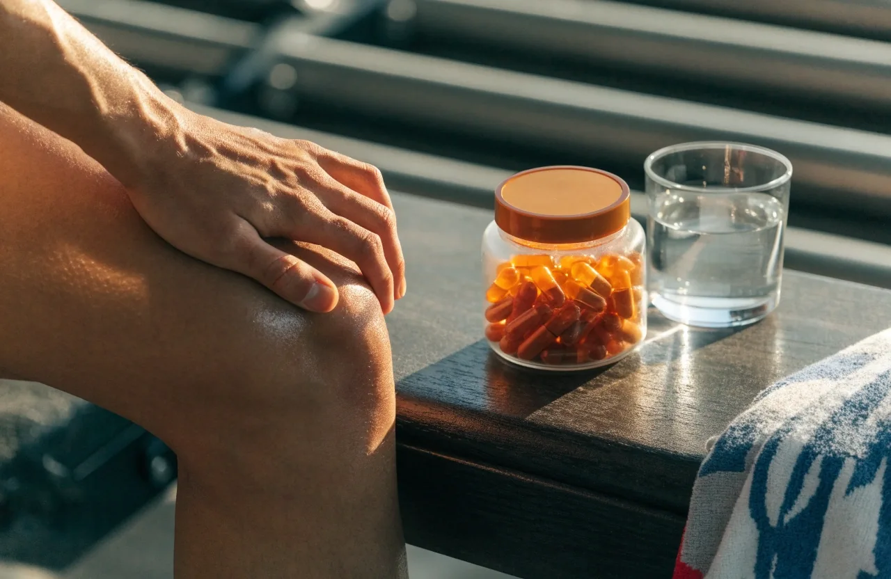A man resting on a gym bench after a training session with a towel and water bottle