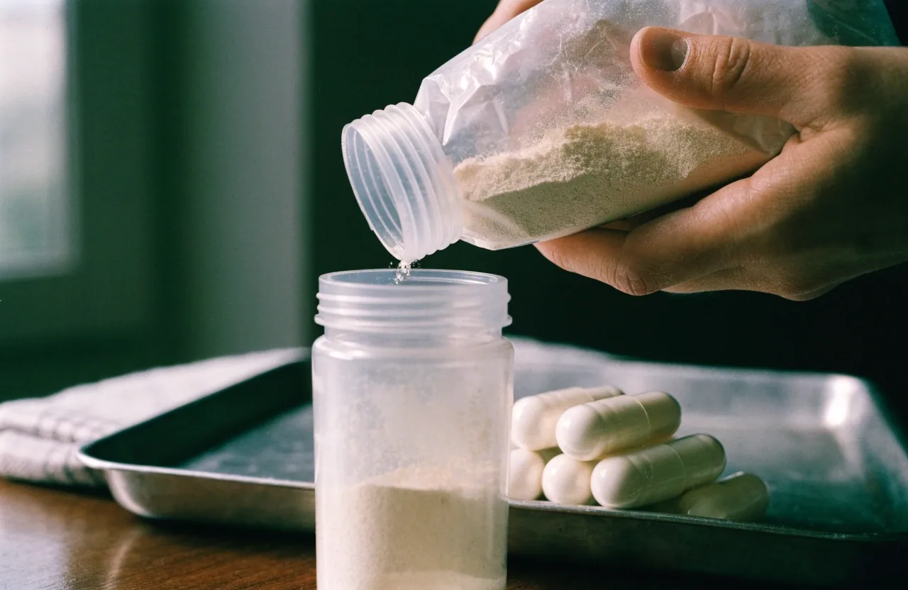 A shaker bottle of mixed powder drink on a bench with a scoop and towel beside it
