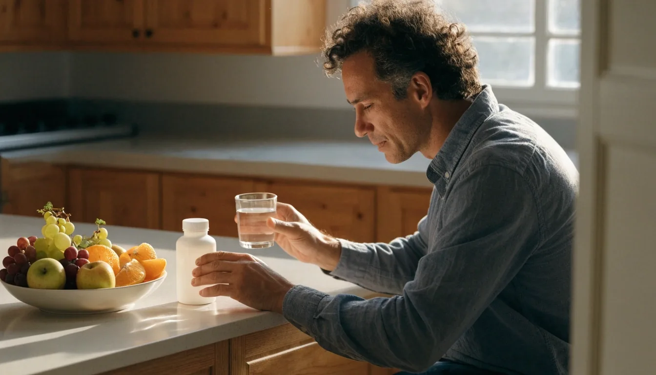 A man setting out a daily supplement bottle beside breakfast in a sunlit kitchen