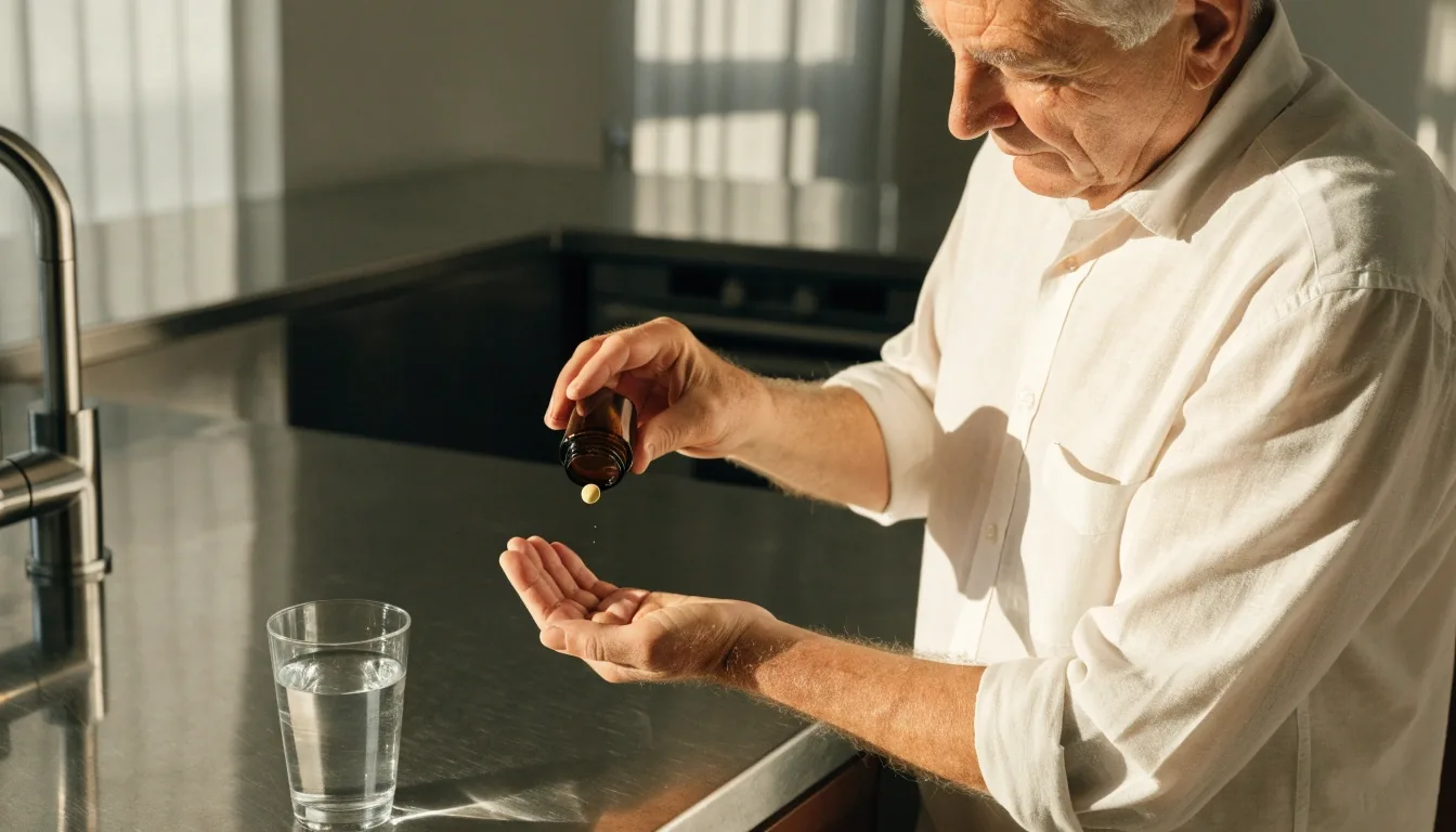 Older man in a plain shirt sitting at a bright apartment table with a water glass and a supplement bottle in front of him, reviewing a folded paper