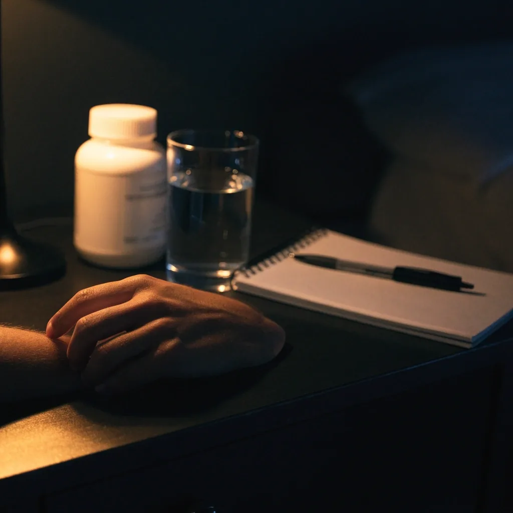 Quiet darkened desk at night with a closed notebook, a water glass, and a matt supplement bottle at the edge of the light