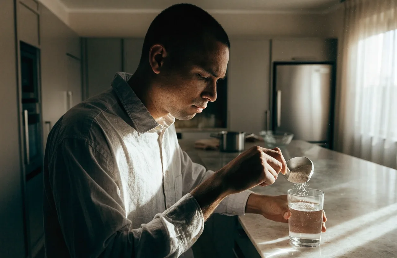 A man taking his daily supplement at the kitchen counter in the morning light