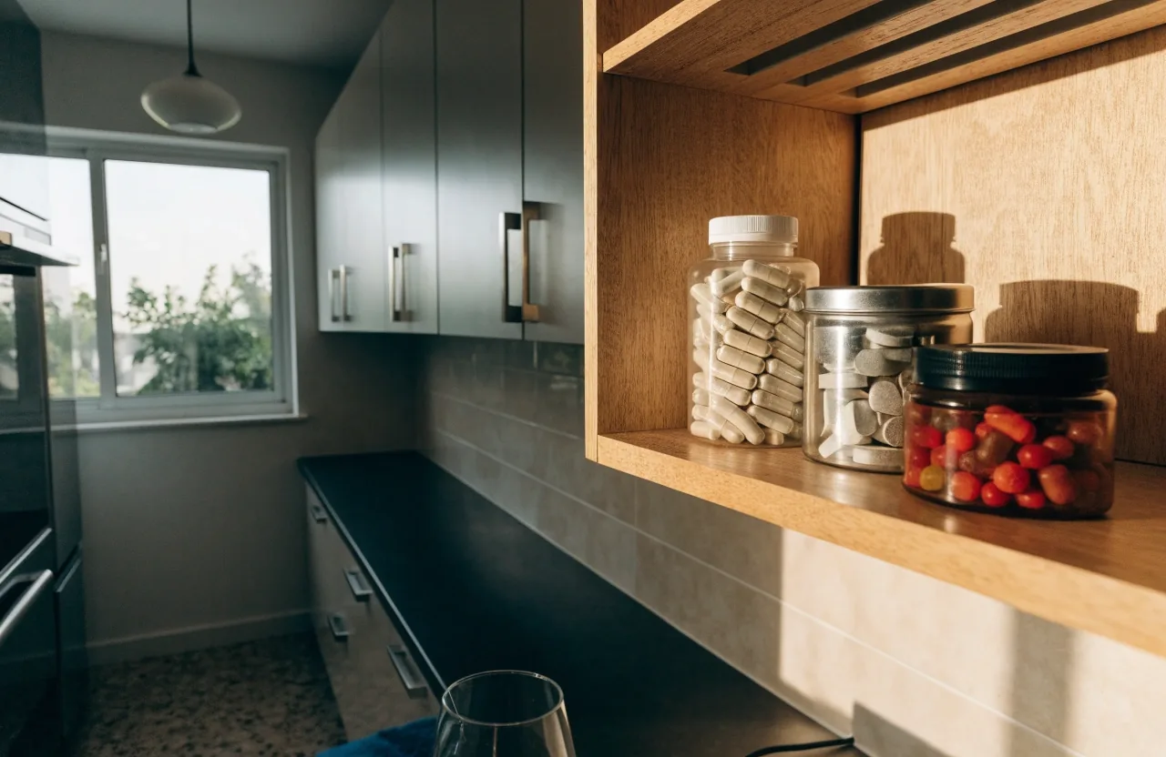 Unlabeled supplement containers stored on a kitchen shelf in a tidy Jakarta apartment
