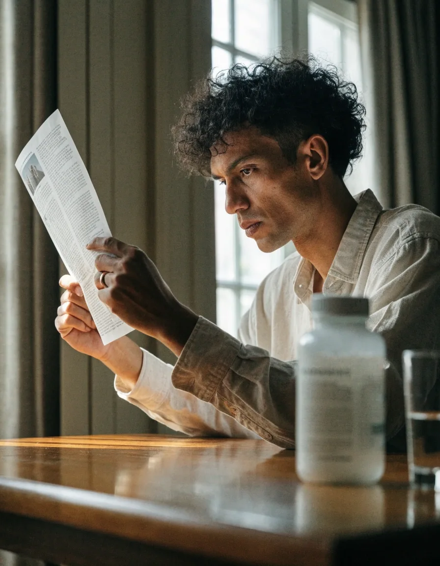 A man reading a printed page at a dining table beside a glass of water