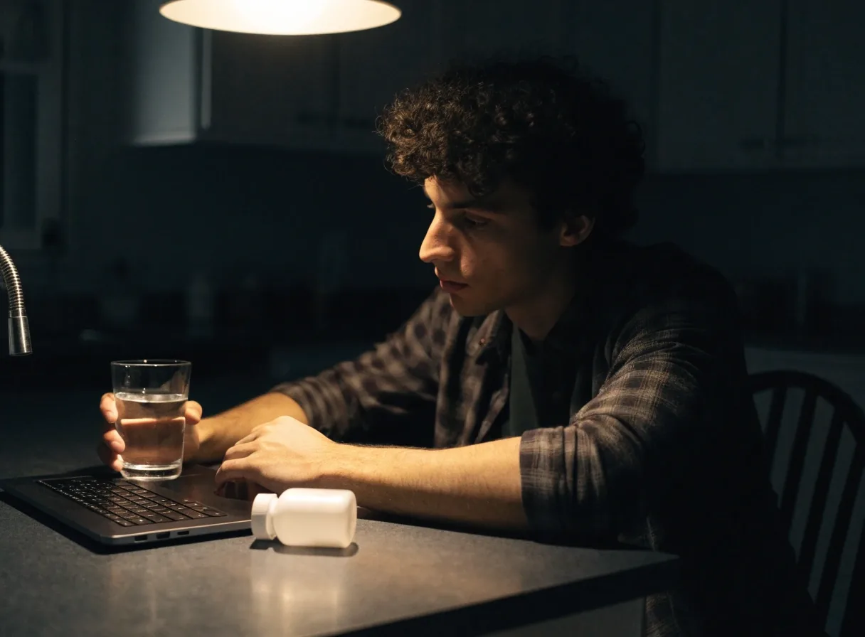 Hands typing a contact message on a laptop at a kitchen table in the evening