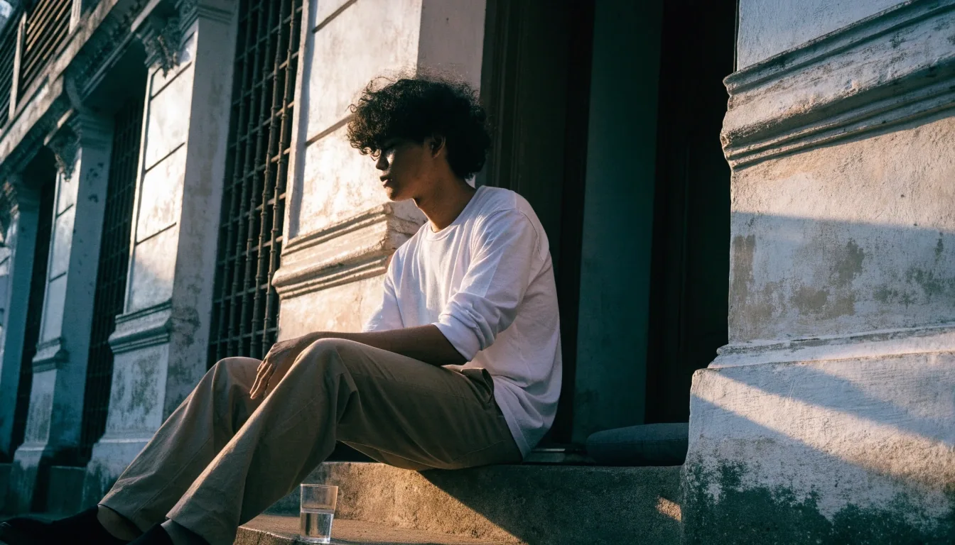 A man walking along a quiet Jakarta street in early morning light