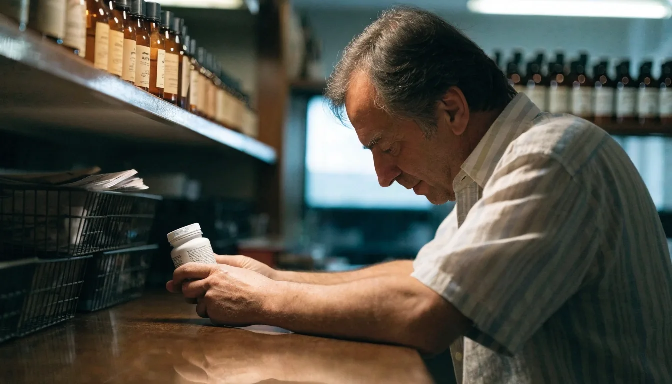 A man reading the side of an unbranded supplement bottle at a shop counter