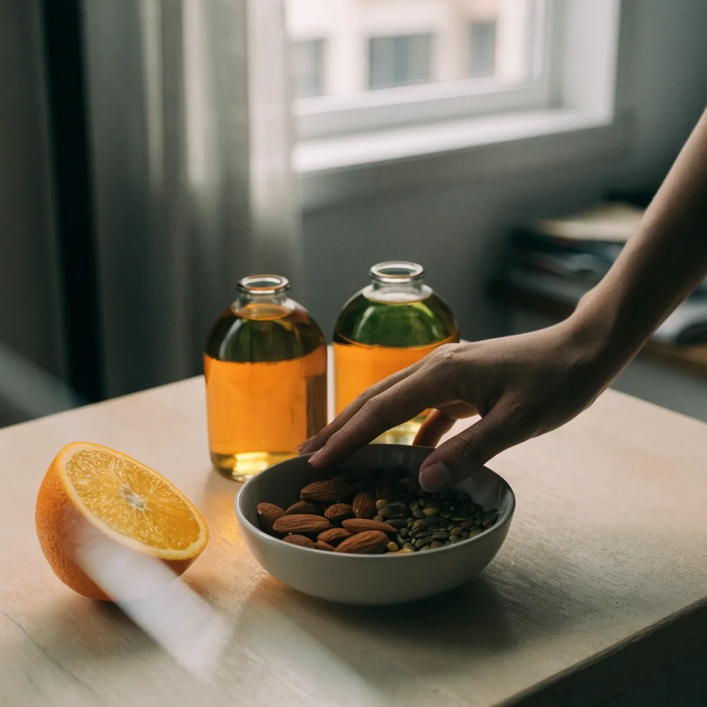 Citrus fruit, nuts, and two unbranded amber bottles on a kitchen counter