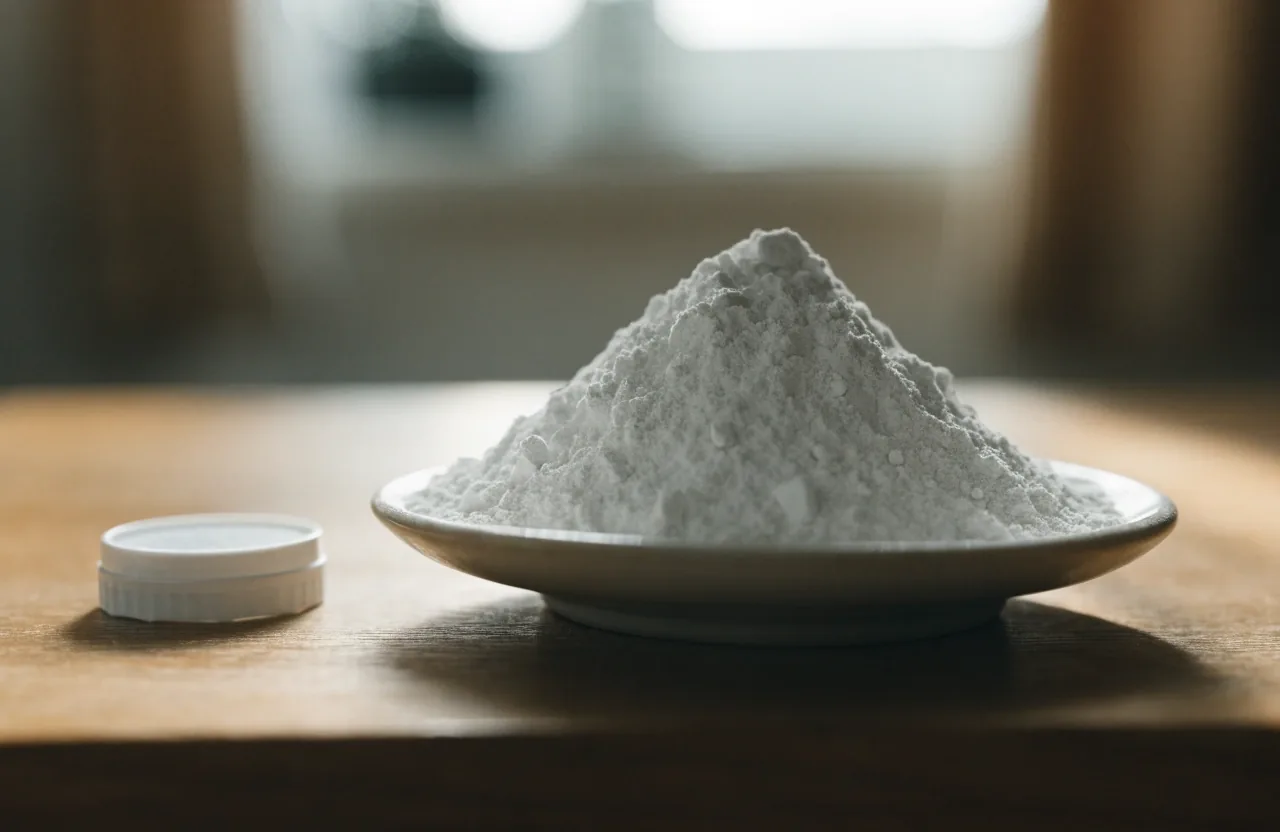 Magnesium powder heaped on a small dish beside a bottle cap