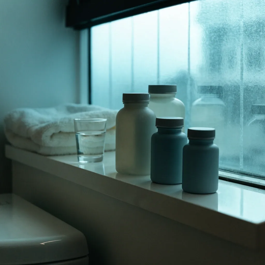 Unbranded supplement bottles lined up on a bathroom shelf in evening light